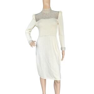 Vintage St. John by Marie Gray Cream Knit Beaded Dress, Size XS, Sweater Dress